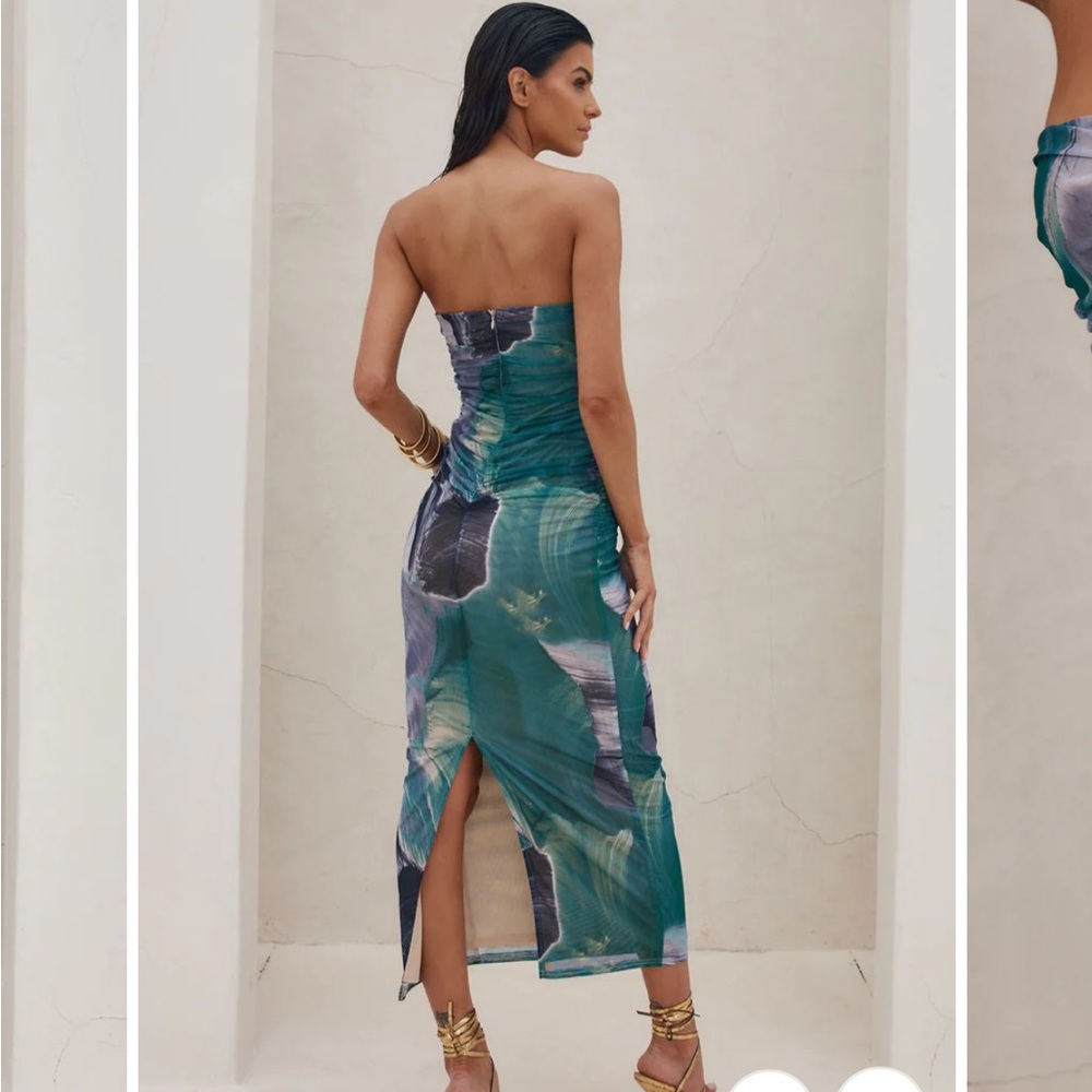 12th Tribe Teal & Navy Watercolor Strapless Midi Dress - Picture 3 of 6